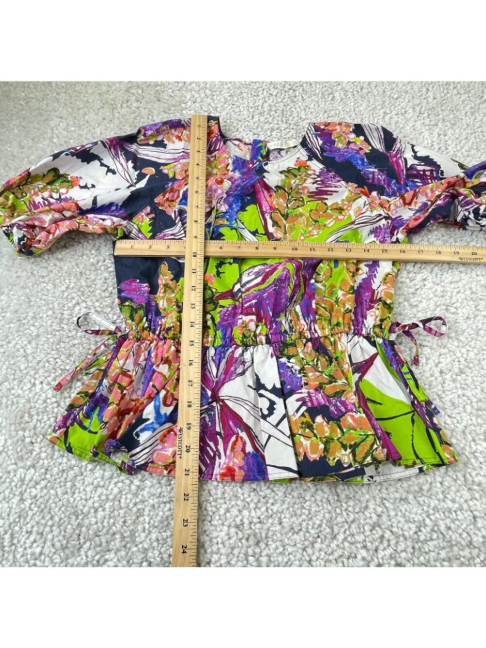 Marie Oliver Floral Green Purple Abstract Puff Sleeve Blouse Womens Small - Picture 6 of 7